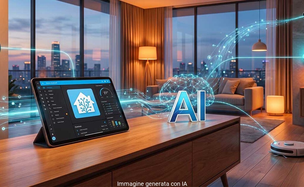Home Assistant e AI controllano una smart home con tablet, sensori e dispositivi connessi