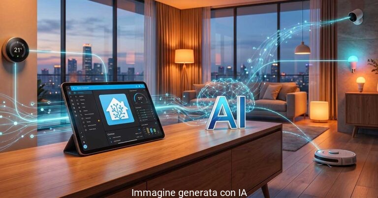 Home Assistant e AI controllano una smart home con tablet, sensori e dispositivi connessi