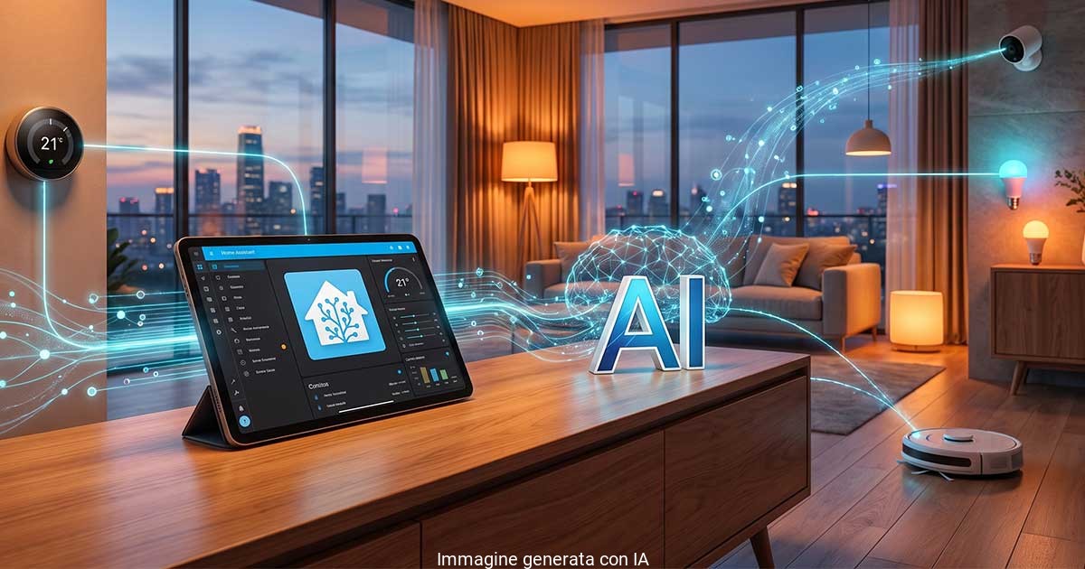 Home Assistant e AI controllano una smart home con tablet, sensori e dispositivi connessi