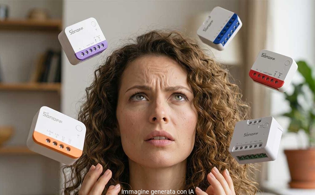 Donna indecisa circondata da diversi modelli di smart switch Sonoff da incasso per la domotica