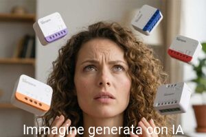 Donna indecisa circondata da diversi modelli di smart switch Sonoff da incasso per la domotica