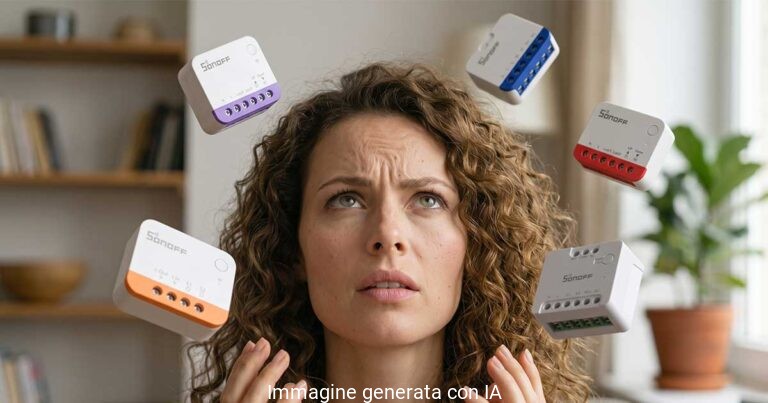 Donna indecisa circondata da diversi modelli di smart switch Sonoff da incasso per la domotica
