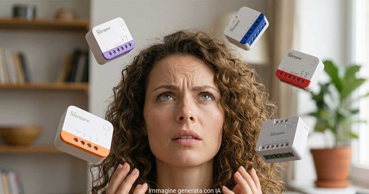 Donna indecisa circondata da diversi modelli di smart switch Sonoff da incasso per la domotica