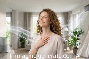 Donna che respira in un soggiorno con purificatore d’aria e sensore IAQ smart