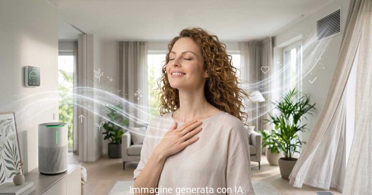 Donna che respira in un soggiorno con purificatore d’aria e sensore IAQ smart