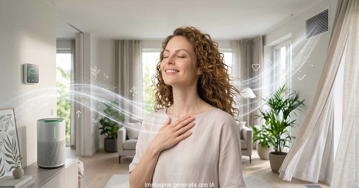 Donna che respira in un soggiorno con purificatore d’aria e sensore IAQ smart