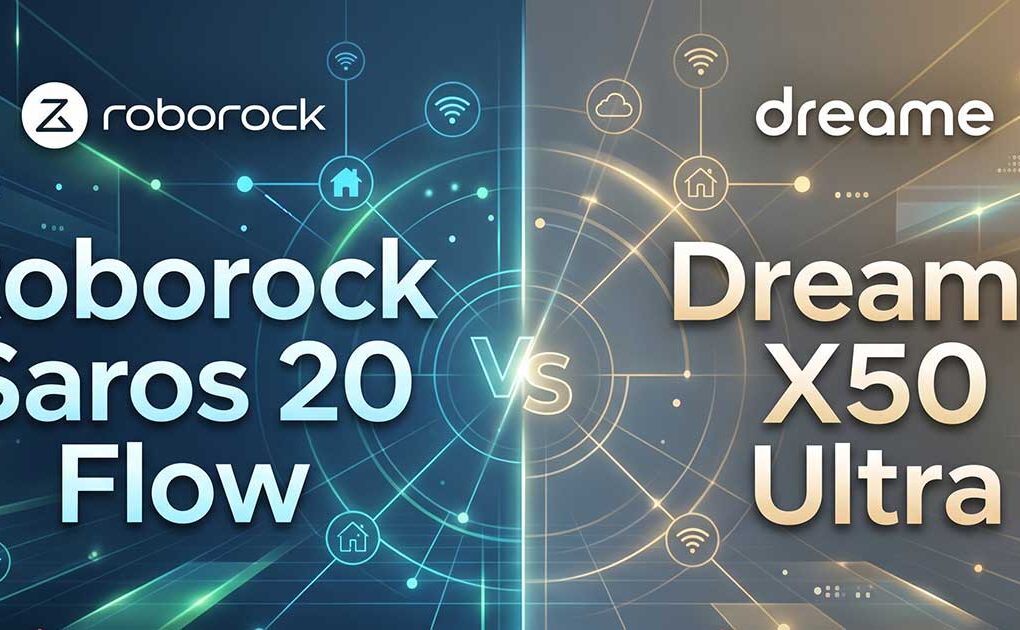 Grafica di confronto tra Roborock Saros 20 Flow e Dreame X50 Ultra con loghi dei brand e icone smart home Google Home Alexa e Matter