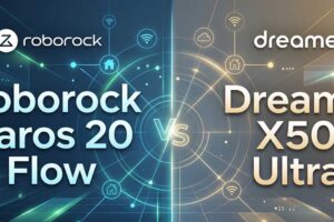 Grafica di confronto tra Roborock Saros 20 Flow e Dreame X50 Ultra con loghi dei brand e icone smart home Google Home Alexa e Matter