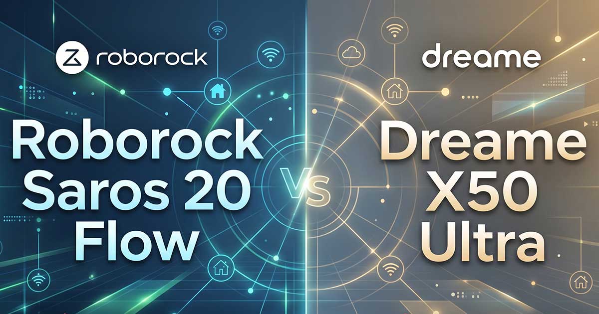 Grafica di confronto tra Roborock Saros 20 Flow e Dreame X50 Ultra con loghi dei brand e icone smart home Google Home Alexa e Matter