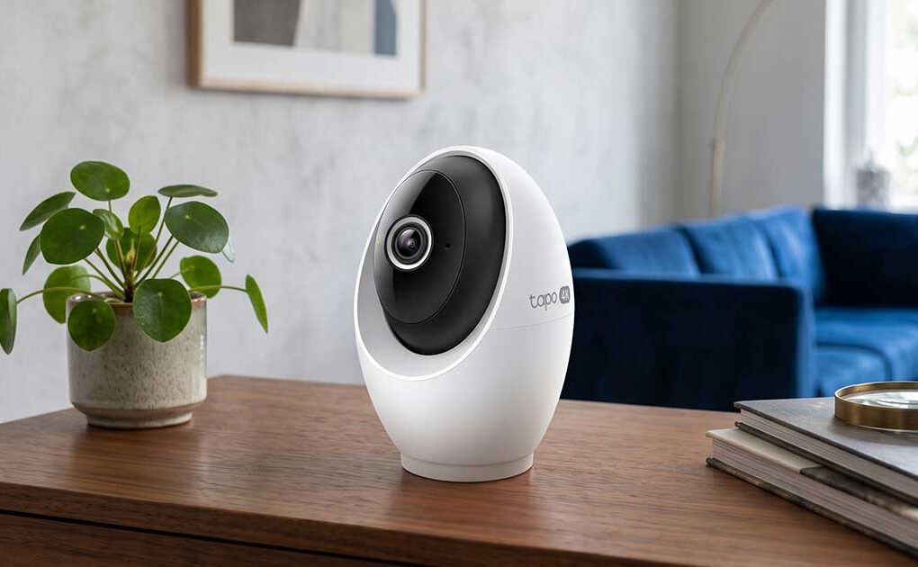 elecamera motorizzata TP-Link Tapo C260 4K posizionata su un mobile in legno all'interno di un soggiorno moderno con divano blu e pianta d'arredo
