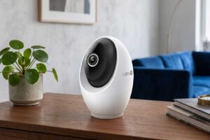 elecamera motorizzata TP-Link Tapo C260 4K posizionata su un mobile in legno all'interno di un soggiorno moderno con divano blu e pianta d'arredo