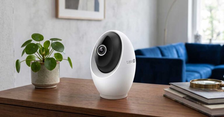 elecamera motorizzata TP-Link Tapo C260 4K posizionata su un mobile in legno all'interno di un soggiorno moderno con divano blu e pianta d'arredo