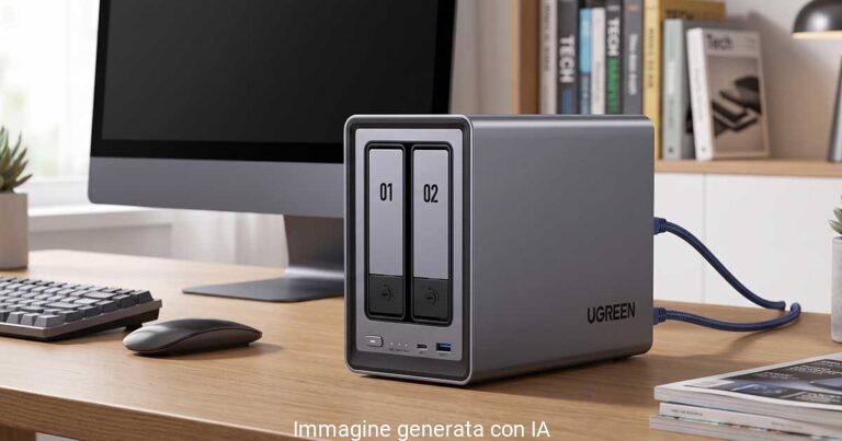 UGREEN NASync DXP2800 collegato a router e monitor in home office - backup automatico e cloud privato