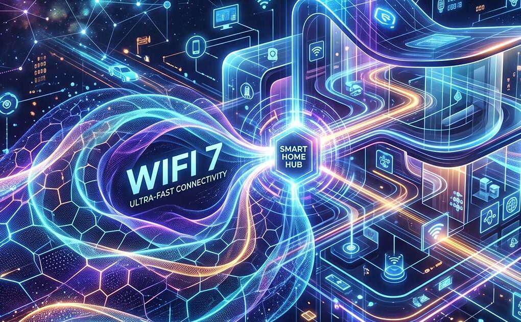 Illustrazione futuristica di un hub smart home con connettività Wi-Fi 7 e dispositivi IoT collegati