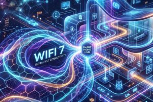 Illustrazione futuristica di un hub smart home con connettività Wi-Fi 7 e dispositivi IoT collegati