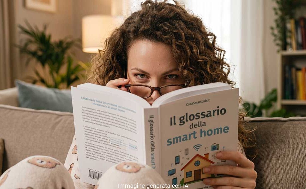 Donna sul divano mentre consulta il libro Il glossario della smart home