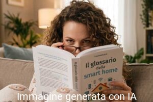 Donna sul divano mentre consulta il libro Il glossario della smart home