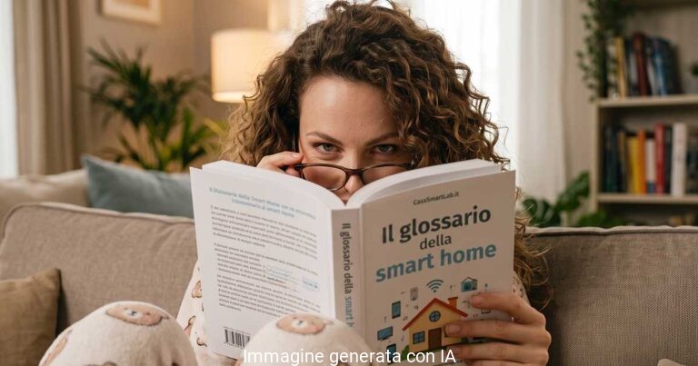 Donna sul divano mentre consulta il libro Il glossario della smart home