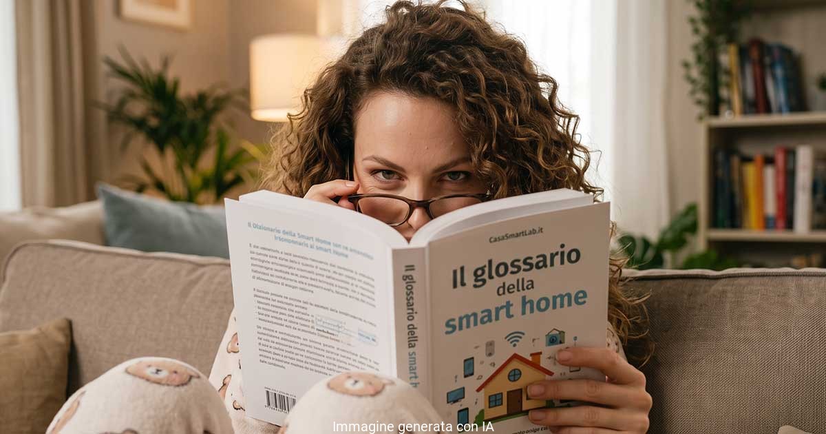 Donna sul divano mentre consulta il libro Il glossario della smart home