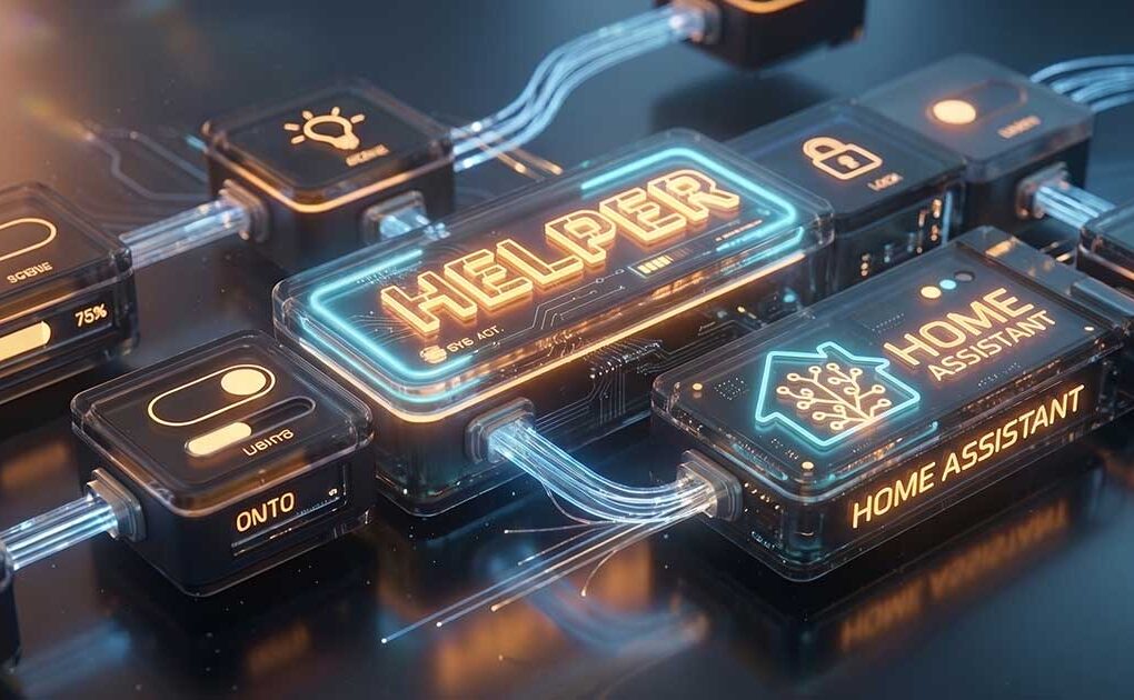 Rappresentazione concettuale di blocchi modulari tecnologici interconnessi con la scritta Helper e il logo di Home Assistant