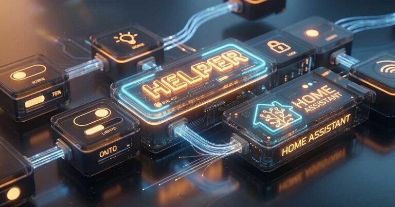 Rappresentazione concettuale di blocchi modulari tecnologici interconnessi con la scritta Helper e il logo di Home Assistant