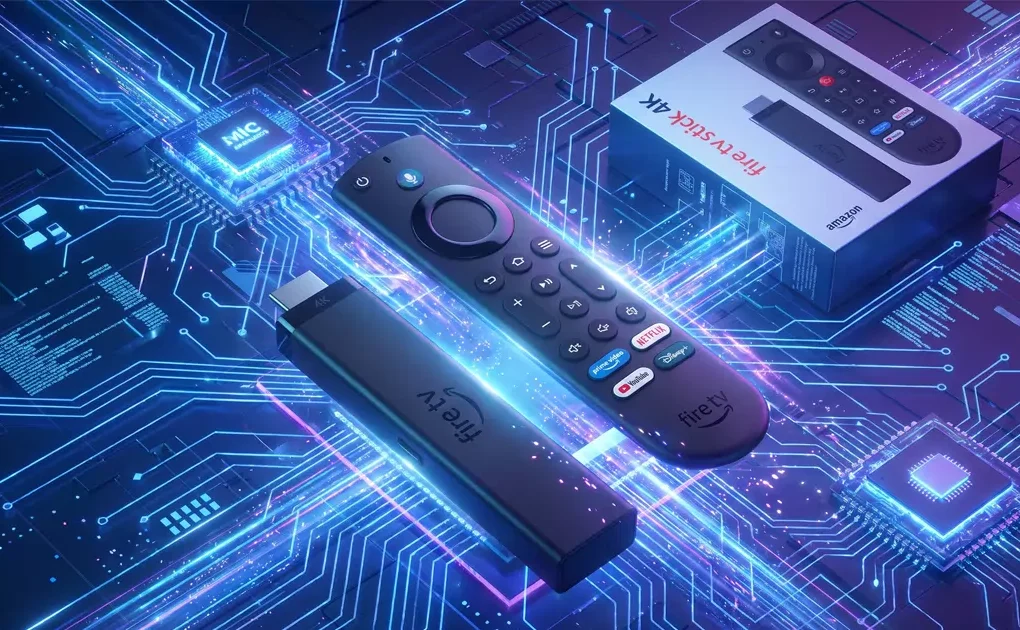 Nuova Amazon Fire TV Stick 4K con il nuovo telecomando asimmetrico tattile posizionati su uno sfondo tecnologico con riflessi luminosi