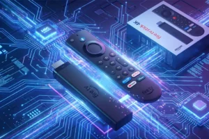 Nuova Amazon Fire TV Stick 4K con il nuovo telecomando asimmetrico tattile posizionati su uno sfondo tecnologico con riflessi luminosi