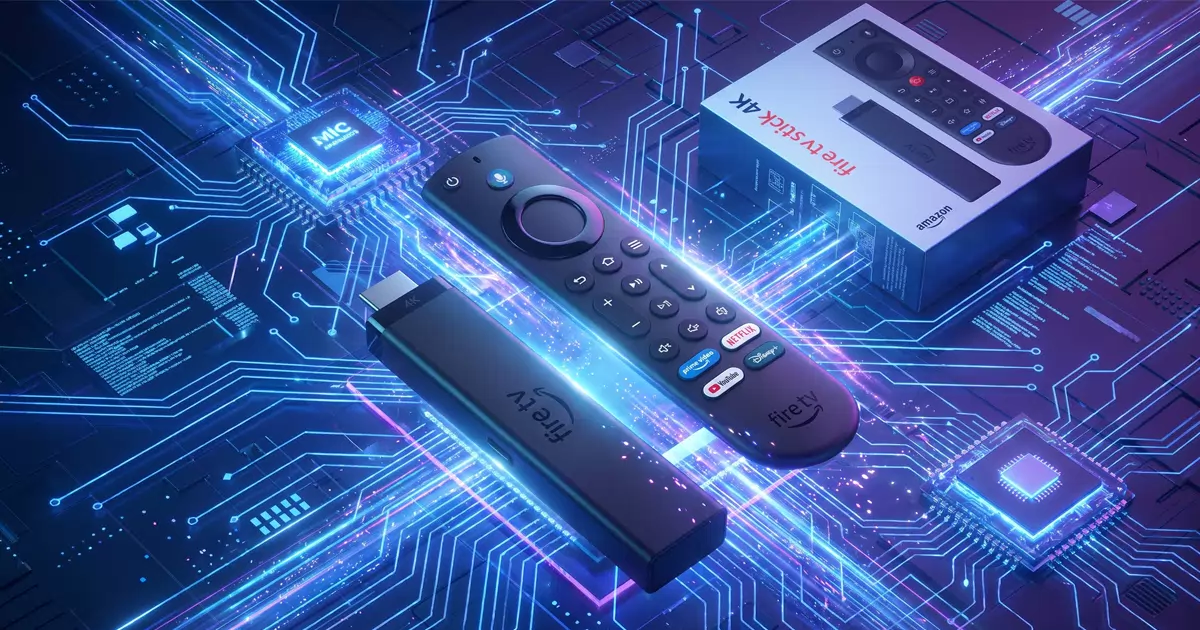 Nuova Amazon Fire TV Stick 4K con il nuovo telecomando asimmetrico tattile posizionati su uno sfondo tecnologico con riflessi luminosi