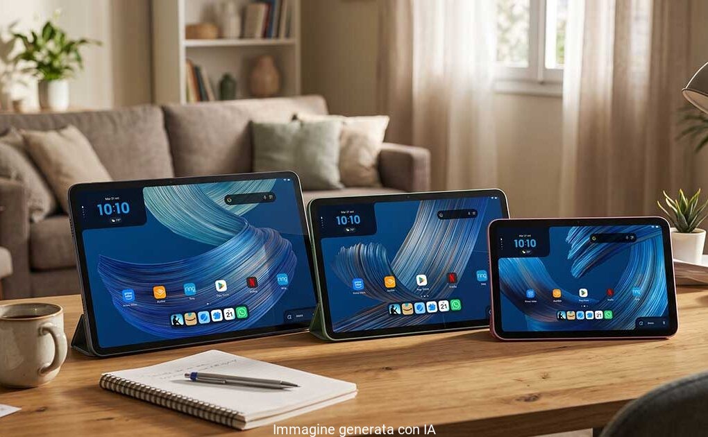 Nuovi Alexa Tablet di Amazon disposti su un tavolo con display accesi e scocca unibody in alluminio
